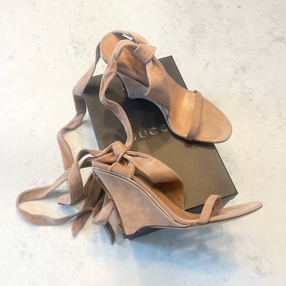 Gucci Tan Suede Wedge Sandals with Wrap Ties